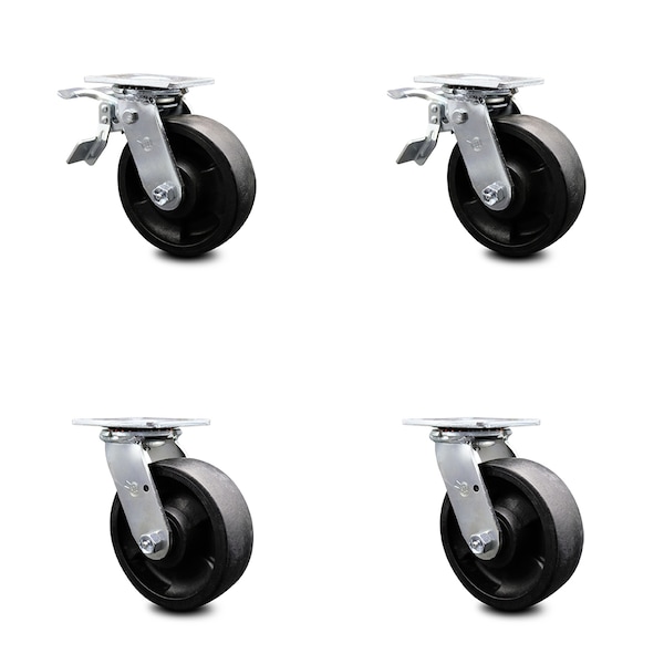 6 Inch Glass Filled Nylon Swivel Caster Set Roller Bearing 2 Total Lock Brake